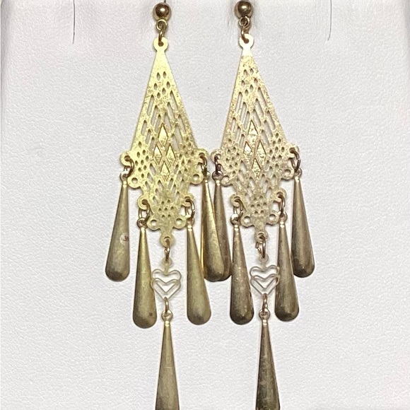 Vintage 90’s Die Cut Geometric Multi Tear Drop Faux Gold Earrings w/ Hearts - Picture 1 of 1